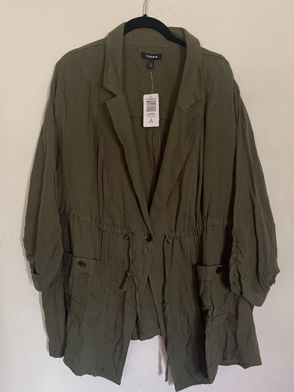 Torrid 3X Army Green Utility Drawstring Waist Waterfall Front Cardigan Jacket W